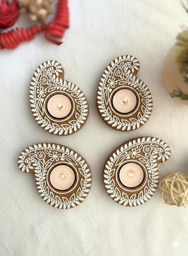 Goyoham - Pack of 4, Wooden Candle Holders with Mango Design | White and Brown | Home Decor and Gifting - Image 1